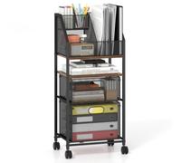 COSTWAY Chariot de Rangement à Roulettes pour Fichier, 37x26x84cm,Noir | Cadre en Métal, 2 Porte-Stylos, 3 Compartiments, 2 Tiroirs, Étagère, Desserte pour Bureau, Salon, Chambre