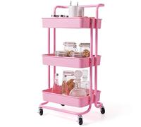 COSTWAY Chariot de Rangement avec 3 Paniers et Poignée, Chariot de Service en Métal Anti-Rouille, Desserte à Roulettes Charge Max. 60KG pour Cuisine, Bureau,Bibliothèque, Salon, 42 x 35 x 87 CM (Rose)