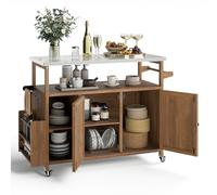 COSTWAY Chariot d'Extérieur en Bois à 2 Plateaux pour BBQ | Desserte de Jardin avec Roulettes Verrouillables, Armoire de Rangement, Étagère Ouverte, Compartiments et Porte-Serviettes