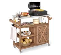 COSTWAY Chariot d'Extérieur en Bois avec Rangement 4 roulettes | Meuble de Préparation BBQ avec Plateau 3 Étagères Ouvertes & Armoire Support à Épices Porte-Serviettes, pour Patio Jardin