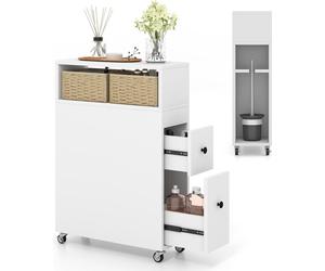 COSTWAY Chariot pour niche avec roulettes, tiroirs, paniers en osier et porte-balais, armoire de salle de bains étroite, armoire de toilettes indépendante, armoire pour niche pour salle de bains, cuis