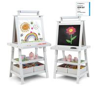 COSTWAY Chevalet en bois 3 en 1 pour enfants, tableau noir double face pour enfants avec 2 boîtes de rangement, tableau blanc, tableau à craies, aimants & papier à dessin Beige