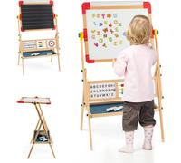COSTWAY Chevalet pour enfants 3 en 1 pivotant à 360°, chevalet en bois debout avec planche à dessin double face, tableau pour enfants en bois de pin avec tablette, rouleau de papier, boulier, horloge 