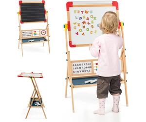 COSTWAY Chevalet pour enfants 3 en 1 pivotant à 360°, chevalet en bois debout avec planche à dessin double face, tableau pour enfants en bois de pin avec tablette, rouleau de papier, boulier, horloge 