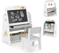 COSTWAY Chevalet pour enfants avec chaise, Tableau pour enfants avec bibliothèque & tableau à craies magnétique, caisse en tissu & tableau blanc, Tableau de jeu, Tableau pour enfants Gris