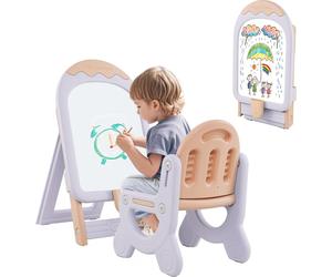 COSTWAY Chevalet pour enfants avec chaise, Tableau pour enfants réglable en hauteur & pliable avec tableau blanc, boîte de rangement, marqueur&aimant, Tableau de jeu cadeau Lila