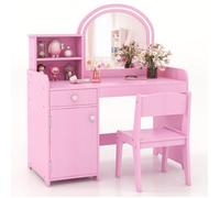 COSTWAY Coiffeuse 2 en 1 avec Chaise pour Enfants avec Miroir et 120 Lumières LED, 2 Étagères et Tiroir, Rose