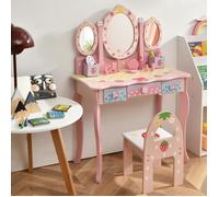COSTWAY Coiffeuse 2 en 1 Bureau pour Enfants avec Miroir Amovible, 3 Tiroirs, 2 Boîtes de Style Princesse pour Filles, Rose