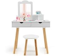 COSTWAY Coiffeuse 2 en 1 pour Enfants - Bureau et Tabouret avec Miroir Amovible, 2 tiroirs, Peigne, Commode en Bois pour Filles âgées de 3 à 7 Ans