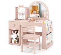 COSTWAY Coiffeuse avec Chaise pour Enfants avec Miroir Éclairé - Bibliothèque Ouverte, Tiroir, Compartiments et Étagères Rose