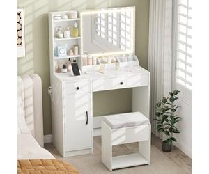 COSTWAY Coiffeuse avec Miroir et Tabouret, Coiffeuse avec Rangement, Lumières et Luminosité Réglable, Station de Charge, Table de Maquillage, Armoire, 2 Tiroirs, 3 Étagères, 3 Compartiments, Blanc