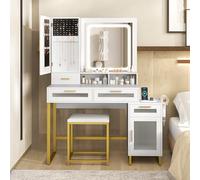 COSTWAY Coiffeuse avec Miroir et Tabouret, Coiffeuse avec Rangement, Lumières Réglable, Station de Charge, Table de Maquillage, Armoire à Bijoux, 4 Tiroirs et Armoire avec Porte, 112 x 39,5 x 145 cm