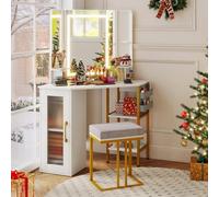 COSTWAY Coiffeuse avec Miroir et Tabouret, Coiffeuse d'Angle avec 3 Miroirs, 3 Couleurs, Lumières et Luminosité, Prise Intégrée, Étagères Ouvertes, Armoire Latérale, Table de Maquillage Moderne, Blanc