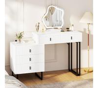 COSTWAY Coiffeuse avec Miroir LED, 3 Modes d'Éclairage, Luminosité Réglable, Bureau Coiffeuse, 5 Tiroirs, Patins Réglables, Dispositifs Anti-Basculement, Table de Maquillage, 120 x 40 x 124 cm