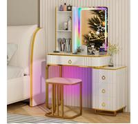 COSTWAY Coiffeuse avec Tabouret et Miroir, Lumière LED RVB Variable, Station de Charge sans Fil, USB, Type-C, Télécommande, Blanc
