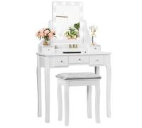 COSTWAY Coiffeuse avec Tabouret et Miroir Rotatif à 360 ° - Table de Maquillage - 10 Ampoules LED à Luminosité Réglable, 5 Tiroirs