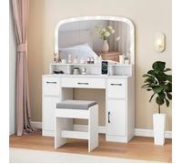 COSTWAY Coiffeuse avec Tabouret Miroir Maquillage Hollywood Lumineux LED Réglables, Station de Recharge Blanc