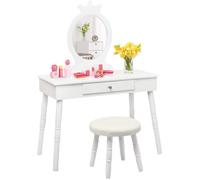 COSTWAY Coiffeuse Enfant avec Tiroir et tabouret, Table de Maquillage de Filles Style Princesse Européenne Blanc