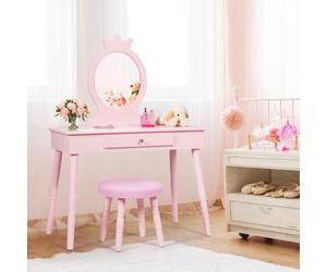 COSTWAY Coiffeuse Enfant avec Tiroir et tabouret, Table de Maquillage de Filles Style Princesse Européenne Blanc