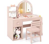 COSTWAY Coiffeuse Enfant Fille avec Chaise et Miroir Lumineux, Bureau Enfant avec Bibliothèque Ouverte & Tiroir & Compartiment & Étagères, Style Princesse, Charge 50/75kg pour 3 Ans+ (Rose)
