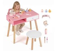 COSTWAY Coiffeuse Enfant Fille avec Chaise et Tabouret Rond, Bureau Enfant Fille avec Tiroir et 8 Accessoires, Dispositif Anti-basculement, Table de Maquillage pour 3-7 Ans, Charge 30/60kg