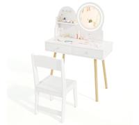 COSTWAY Coiffeuse Enfant Fille avec Chaise & Miroir Éclairé LED, Bureau Enfant Fille avec Étagère & 2 Tiroirs & Crochets, Dispositif Anti-basculement, Charge 50/75kg pour 3 Ans+ (Blanc)