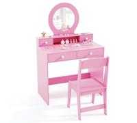 COSTWAY Coiffeuse Enfant Fille avec Tabouret & Miroir, Table de Maquillage Enfant Princesse avec 4 Tiroirs de Rangement & Étagère Ouverte, Charge 50/75kg pour Enfants de 3 Ans+, Rose (Rose)