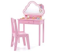COSTWAY Coiffeuse Enfant Fille en Forme Nauge avec Chaise & Miroir Éclairé LED, Bureau Enfant Fille avec Étagère & Tiroirs & Crochets, Dispositif Anti-basculement, Charge 50/75kg pour 3-6 Ans (Rose)