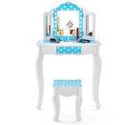 COSTWAY Coiffeuse Enfants avec Tabouret, Miroir Amovible à 3 Volets & Tiroir & Dispositif Anti-Basculement, 60 x 27,5 x 97,5cm,