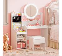 COSTWAY Coiffeuse Enfants avec Tabouret Miroir & Lumières - Étagères Ouvertes, 84 x 37 x 107 cm Blanc