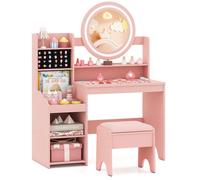 COSTWAY Coiffeuse Enfants avec Tabouret Miroir & Lumières - Étagères Ouvertes, 84 x 37 x 107 cm Rose