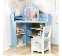 COSTWAY Coiffeuse Enfants d’Angle avec Chaise 5 Accessoires Miroir Lumières 3 Étagères de Rangement, 5 Compartiments Ouverts Blanc