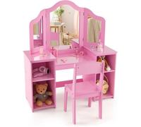 COSTWAY Coiffeuse et Tabouret pour Enfants - Miroir Amovible à 3 Volets - Table de Maquillage - Dispositif Anti-basculement - Rose