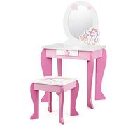 COSTWAY Coiffeuse pour Enfant avec Tabouret, Coiffeuse, tiroir et Miroir Amovible, pour Filles de 3 à 7 Ans, Rose