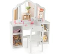 COSTWAY Coiffeuse pour Enfants 2 en 1 avec Chaise, Miroir Amovible à Trois Volets, 4 Compartiments de Stockage Blanc