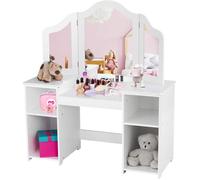 COSTWAY Coiffeuse pour Enfants 2 en 1 avec Miroir Amovible, Bureau Enfant avec 4 Étagères de Style Princesse pour Filles, Blanc