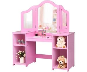 COSTWAY Coiffeuse pour Enfants 2 en 1 avec Miroir Amovible, Bureau Enfant avec 4 Étagères de Style Princesse pour Filles, Rose