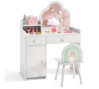 COSTWAY Coiffeuse pour Enfants 3 à 7 Ans avec Chaise, Miroir en Forme de Nuage, Etagère Ouverte, Tiroirs, Armoire Fermée
