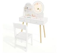 COSTWAY Coiffeuse pour Enfants avec Chaise, Miroir Éclairé, Étagère Ouverte, Crochets et Tiroirs de Rangement, Blanc