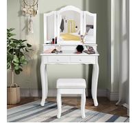 COSTWAY Coiffeuse, Table de Maquillage avec 3 Miroirs Tournable, Tabouret et 4 Tiroirs, Moderne, 80 x 40,5 x 137cm