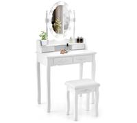 COSTWAY Coiffeuse Table de Maquillage avec Tabouret - Miroir Ovale Rotatif à 360°, Ampoule Réglable en 3 Couleurs, 4 Tiroirs -
