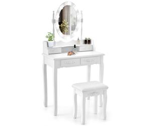 COSTWAY Coiffeuse Table de Maquillage avec Tabouret - Miroir Ovale Rotatif à 360°, Ampoule Réglable en 3 Couleurs, 4 Tiroirs -