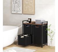 COSTWAY Collecteur de linge, panier à linge autonome avec étagère & 3 poches amovibles pour la buanderie, la salle de bain, la résidence, trieur de linge à 3 compartiments, brun rustique + noir