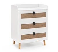 COSTWAY Commode 3 Tiroirs, Commode Chambre Adulte Pieds en Bois Massif, Poignée Noir Design, Tiroir en Rotin Bohème, Petite Commode Scandinave, Blanc (3 Tiroirs)
