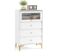 COSTWAY Commode 3 tiroirs, meuble de rangement moderne avec porte en verre strié relevable, tiroirs, pieds métalliques dorés & anti-basculement