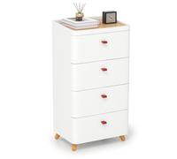 COSTWAY Commode 4 Tiroirs, Meuble Rangement Tiroirs en Plastique, Commode Chambre sur Pied, Pieds en Bois Massif, Plateau en Bambou Amovible, sans Assemblage, Armoire Chiffonnier pour Salle de Bain