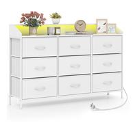 COSTWAY Commode à 9 Tiroirs Tissu avec Lumières LED, Station de Recharge, Cadre Métallique, pour Placard, Salon, Entrée Blanc