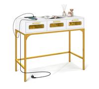 COSTWAY Console Meuble Éclairage LED, Console Entree avec Prise, 3 Tiroirs Transparentes, Cadre en métal, Design Moderne, pour Salon, Couloir (Blanc doré)