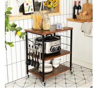 COSTWAY Desserte Chariot de Service pour Micro-ondes à 3 Plateaux avec 10 Crochets Amovibles Roulettes Verrouillables Cadre Métal