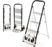 COSTWAY Diable pour escaliers 2 en 1 avec échelle & roues en caoutchouc, Diable pour escaliers Alu pliable Diable pour escaliers jusqu'à 100kg, escabeau à 3 marches jusqu'à 250kg